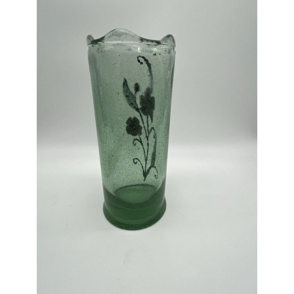 Vintage Recycled Green Glass Vase with Purple Floral Design, very heavy